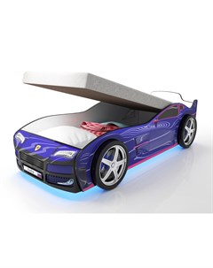 Кровать машина карлсон турбо с подъемным механизмом объемными колесами подсветкой дна и фар синий 85 Magic cars