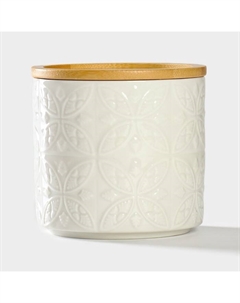 Банка для хранения сыпучих продуктов «Листья», 300 мл, d=8,5 см, с бамбуковой крышкой, фарфоровая, цвет белый Bellatenero