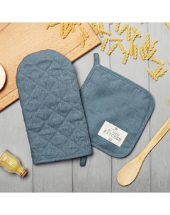 Набор кухонный «» ECO turquoise: варежка 15×28 см, прихватка 19×19 см, 100% лён, 245 г/м² Этель