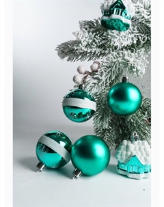 Ёлочные игрушки, пластик, набор 6 шт. «Домик» (4 шара, 2 домика) 6 см, зелёный Зимнее волшебство