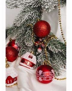 Ёлочные игрушки «Праздник», шары новогодние, набор 6 шт. (4 шара, 2 домика) 6 см, красный Зимнее волшебство