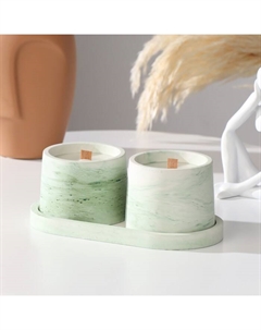 Набор свечей в подсвечнике на подставке «Лофт», соевый воск, деревянный фитиль, бело-зелёная Дарим красиво