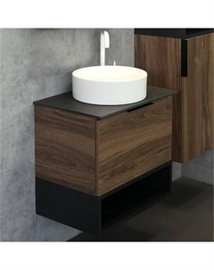 Тумба-умывальник «Штутгарт-60», дуб тёмно-коричневый, с чёрной столешницей, с раковиной 9111 Comforty