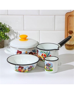 Набор посуды «Улыбка», 4 предмета: кастрюля 1,5 л, ковш 1 л, кружка 250 мл, миска 800 мл, индукция Керченская эмаль