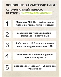 Пылесос автомобильный, беспроводной, 3 насадки, 120 Вт, 12 В, черный Cartage