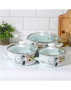 Набор эмалированных кастрюль «Фиалка Монмарта», 3 предмета: 1,5 л, 2 л, 3 л, индукция Керченская эмаль