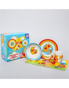 Набор посуды 4 предмета: тарелка Ø 16,5 см, миска Ø 14 см, кружка 200 мл, коврик в подарочной упаковке, Медвежонок Винни и его друзья Disney