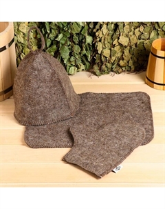 Набор для бани, 3 предмета: шапка, рукавица, коврик, коричневый, «» Добропаровъ