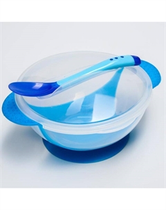 Тарелка на присоске Крошка Я 350мл, в наборе крышка, термоложка, синий Mum&baby