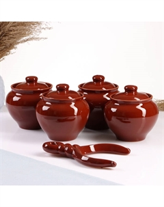 Набор горшочков для запекания «Стандарт», 4 шт., 850 мл, с ухватом, коричневый Псковский гончар