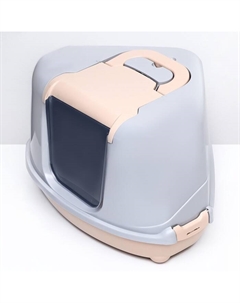 Туалет-домик угловой для кошек закрытый с дверцей 57×46×37 см, бежево-серый Пижон