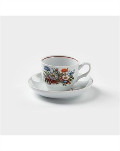 Чайная пара Добрушский завод «Букет цветов», 2 предмета: чашка 250 мл, блюдце d=15 см, фарфор, белая Добрушский фарфоровый завод