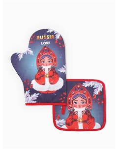 Набор кухонный "" "Матрёшка": прихватка 19х19 см, варежка-прихватка 20х28 см, 100% хлопок Этель