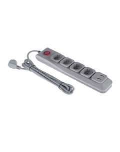 Сетевой фильтр Lux, 4 розетки, USB 2.1 А, 3 м, 10 А, 2500 Вт, ПВС 3х0.75, с з/к, серый Uniel