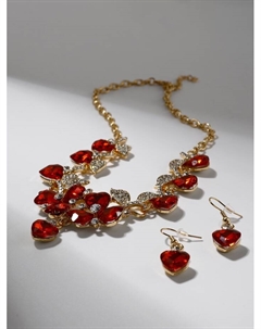 Набор 2 предмета: серьги, колье «Вернисаж» сердце и цветы, цвет красно-белый в золоте, 42см Qf