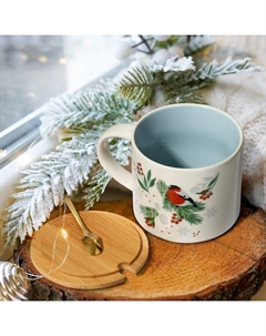 Кружка керамическая с крышкой и ложкой «Снегирь», 470 мл, цвет бежевый Дорого внимание