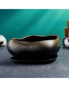 Горшок для для кактусов и суккулентов «Бонсай малый», 600 мл, 17×14×8 см, керамика, с поддоном, цвет чёрное золото Хорошие сувениры