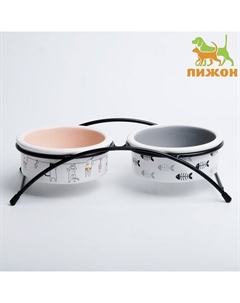 Набор мисок керамических на подставке, 2×250 мл - 13×5 см, бежевая и серая Пижон