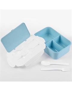 Ланч-бокс в школу «Фламинго», с приборами, пшеничная солома, 1.4 л, 21.5×7.3×15 см, голубой Take it easy