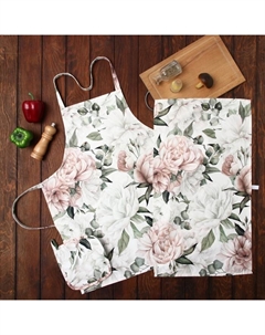 Кухонный набор «. Пионы»: полотенце 40×73 см, прихватка 19×19 см, фартук 60×65+/-5 см Этель