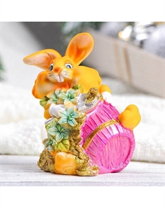Копилка для денег «Заяц с цветами в бочке» рыжий, полистоун, 11×7×12 см Хорошие сувениры
