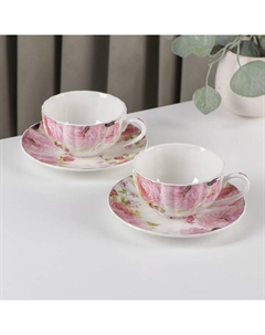 Сервиз чайный фарфоровый «Вдохновение», 4 предмета: 2 чашки 230 мл, 2 блюдца d=15 см, цвет розовый Доляна