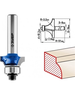 Фреза кромочная 28701-19, калевочная №1, R = 3.2 мм, 19 x 7.4 мм Зубр