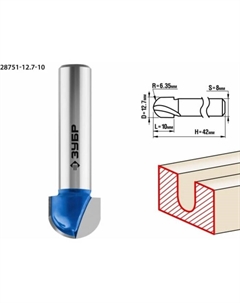 Фреза пазовая 28751-12.7-10, галтельная, R = 6.35 мм, 12.7 x 10 мм Зубр