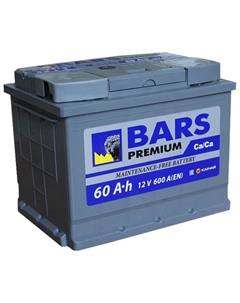 Автомобильный аккумулятор BARS Premium 60 Ач 6СТ-60.1 VL, прямая полярность Барс