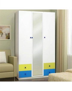Шкаф 3-х дверный «Радуга», с ящиками и зеркалом, 1200×490×2100 мм, белый/лайм/синий Матрица