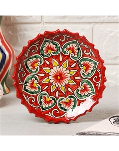 Тарелка Риштанская Керамика «Узоры», d=15 см, керамика, рифлёный край, красная Шафран
