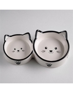 Миска керамическая «Кошачье семейство» двойная 40 и 60 мл - 19×10.5×3.5 см, белая/чёрная Пижон