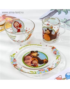 Набор посуды детский «. Добрый день», 3 предмета: кружка 250 мл, салатник d=13 см, тарелка d=19.5 см, стекло Маша и медведь