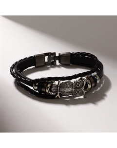 Браслет кожа «Совушка», чёрный в серебре, L=20 см Qf