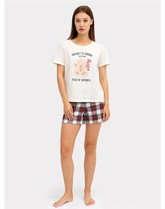 Комплект женский (джемпер, шорты) молочный в клетку с принтом в виде надписи и печенья Mark formelle