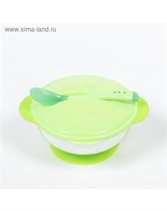 Тарелка на присоске M&B 350мл, в наборе крышка, ложка, цвет зелёный Mum&baby
