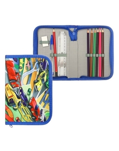 Пенал школьный "Машинки", 13 х 19,5 см, на молнии, 1 секция, с наполнением, ткань Calligrata