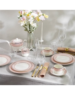 Набор посуды WY Paradaise, 18 предметов, 6 тарелок d=25.5 см, 6 тарелок d=20.5 см, 6 глубоких тарелок d=23 см, фарфор, белый, розовый Wilson&young