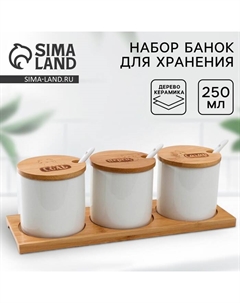 Набор банок керамических для хранения на деревянной подставке «Котики», 3 шт, 250 мл, цвет белый Дорого внимание