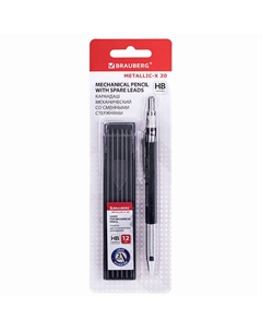 Карандаш механический 2 мм + грифели HB 12 штук, METALLIC-X 20 Brauberg