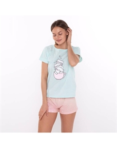 Комплект домашний женский «Кошки»(футболка/шорты), цвет мята/розовый, размер 50 Comfort