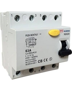 Дифференциальный автомат Wilderness NX6R 4P 63A 100mA тип AC 6kA / NX6RU-4-063-100AC