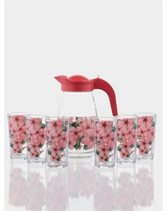 Набор для напитков «Сакура», 7 предметов: кувшин, 6 стаканов, стекло, прозрачный, розовый Декостек