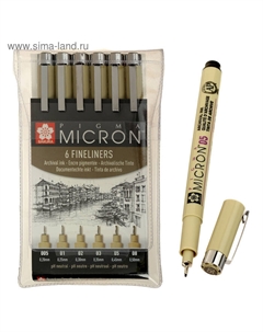 Набор ручек капиллярных 6 штук (линеры 0.2, 0.25, 0.3, 0.35, 0.45, 0.5), Pigma Micron, цвет чёрный (пигментные светостойкие чернила) Сакура