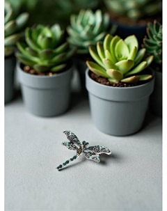 Брошь «Стрекоза» ажурная, чёрно-зелёная в чернёном серебре Qf