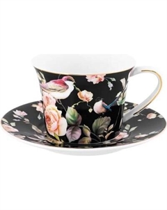 Чашка с блюдцем Elan Gallery Певчие птички на черном / 730851 Elan gallery