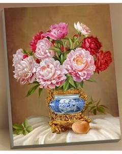 Картина по номерам Флюид Бузин. Пионы в китайской фарфоровой вазочке 40x50 / HR0739