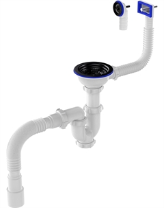 Сифон для мойки 3 1/2х40 прямоточный с ревиз, чёрной металлической решеткой, с прямоугольным/круглым переливом, гофротрубой 40х40/50 Aquant