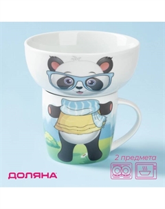 Набор детской посуды из керамики «Панда», 2 предмета: кружка 230 мл, миска 400 мл, цвет белый Доляна