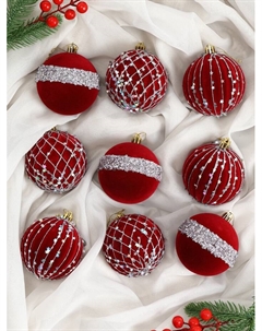 Ёлочные игрушки «Бархат. Фестиваль», шары новогодние, d=8 см, 9 шт., сеточка звёзды, красный Зимнее волшебство